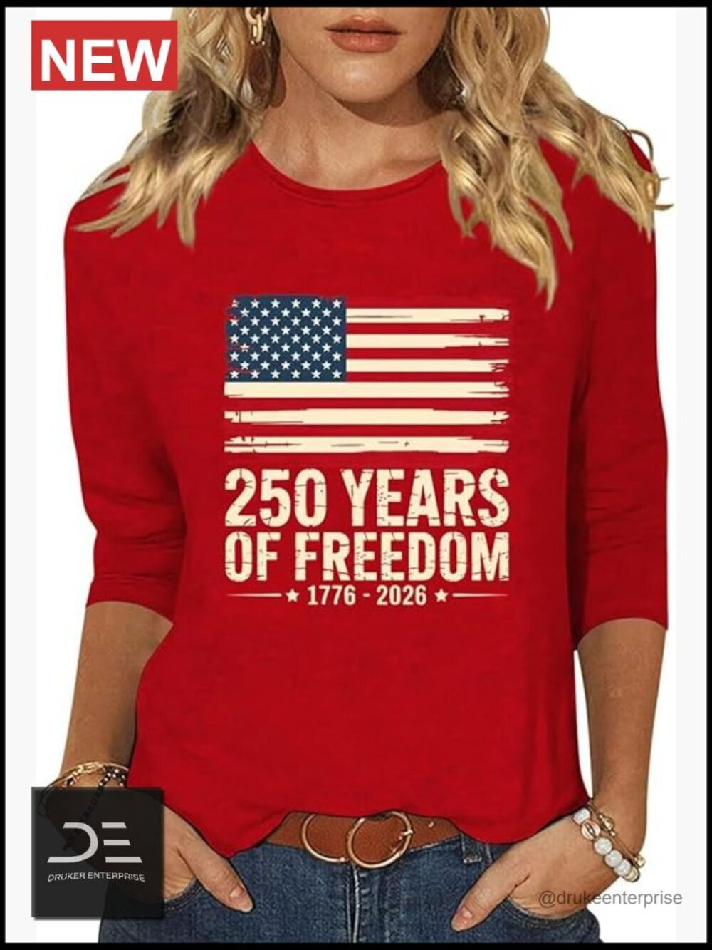 Women's 3/4 Sleeve American Flag Graphic Tee Crew Neck Cotton Blend Top